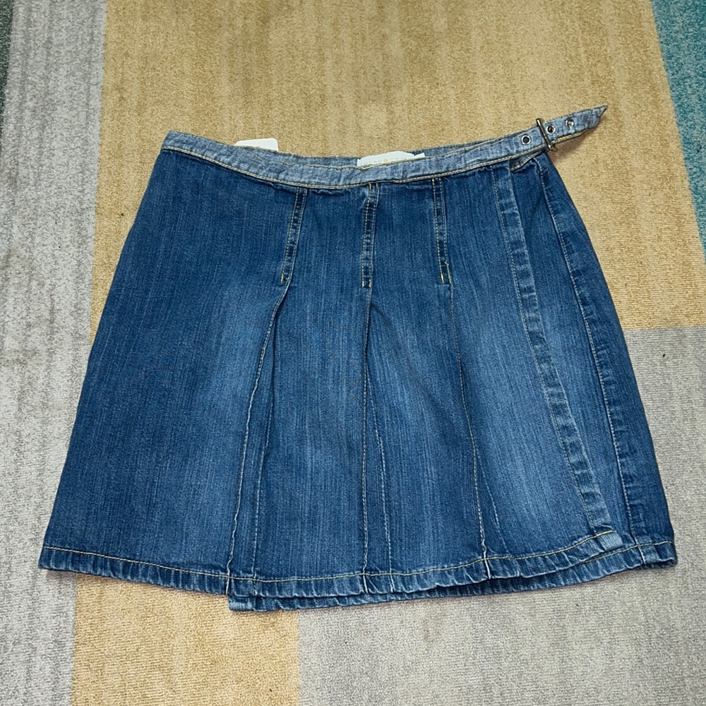 Blue pleated denim mini wrap skirt